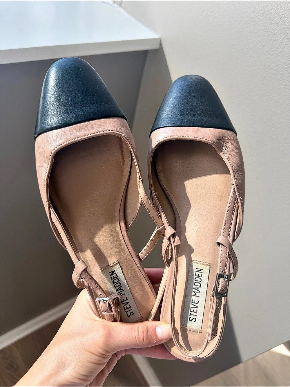 Steve Madden Azari Natural/Black Cap-Toe Slingback Block Heel